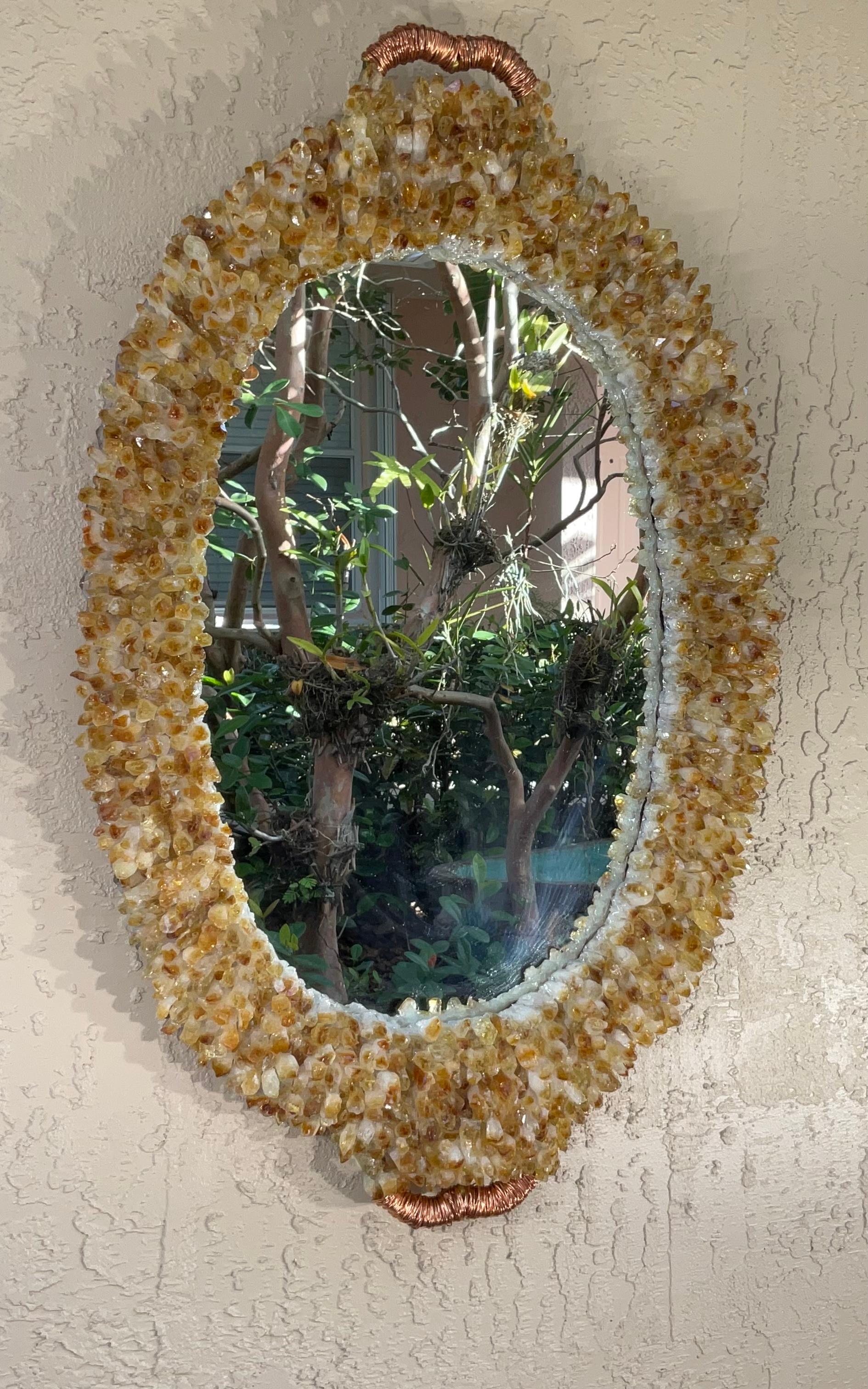 Mid-Century Modern One of a Kind Oval Citrine Crystal Quartz Wall Mirror For Sale