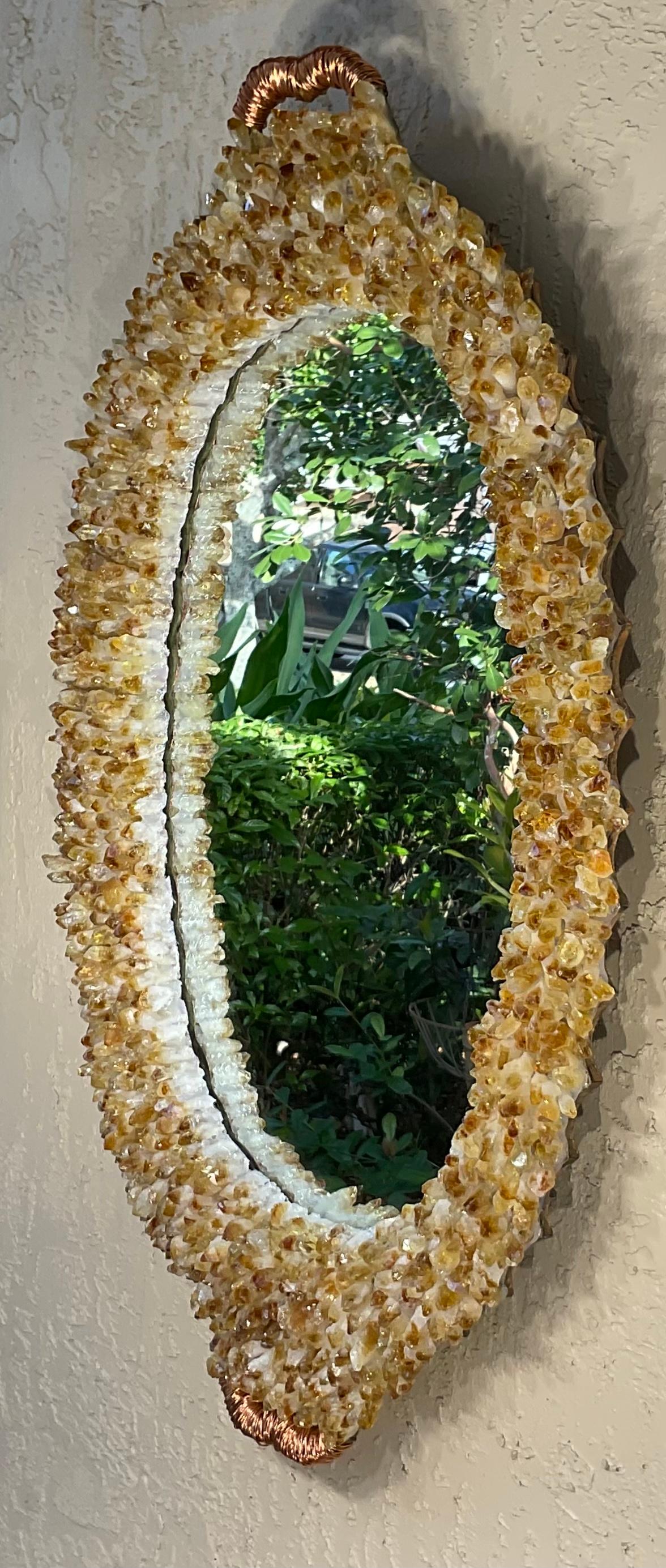 American One of a Kind Oval Citrine Crystal Quartz Wall Mirror For Sale