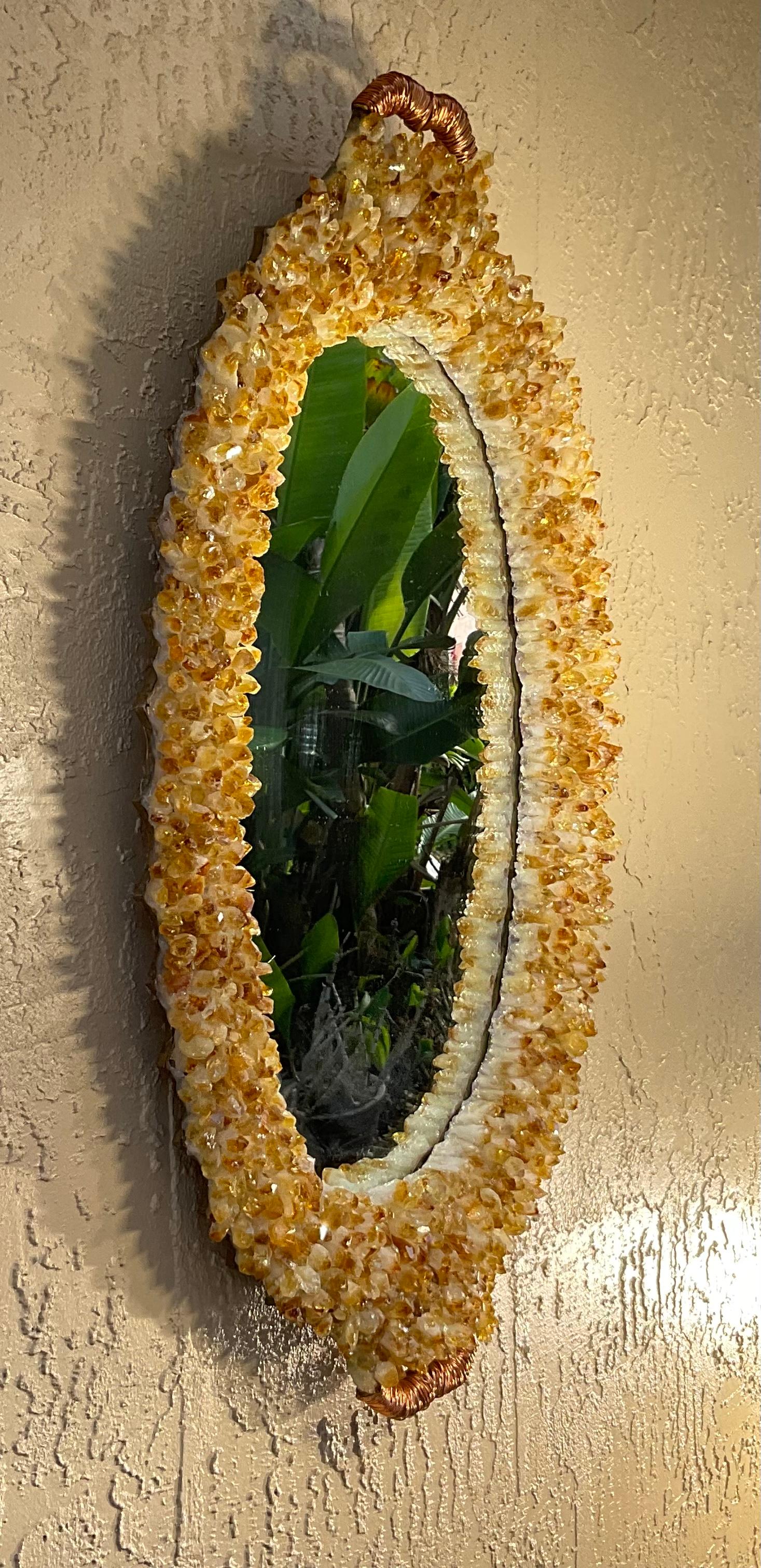 Hand-Crafted One of a Kind Oval Citrine Crystal Quartz Wall Mirror For Sale