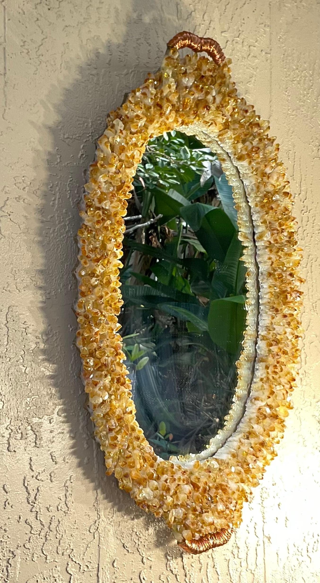 One of a Kind Oval Citrine Crystal Quartz Wall Mirror In Good Condition For Sale In Delray Beach, FL