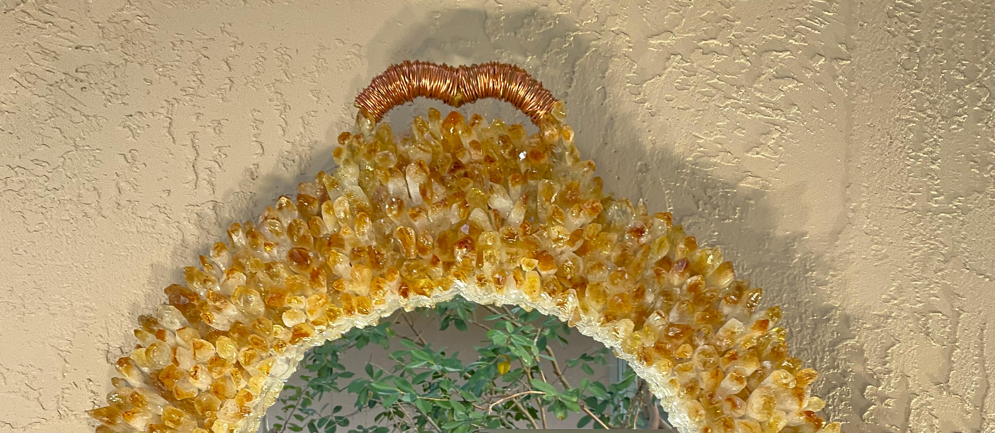 Copper One of a Kind Oval Citrine Crystal Quartz Wall Mirror For Sale