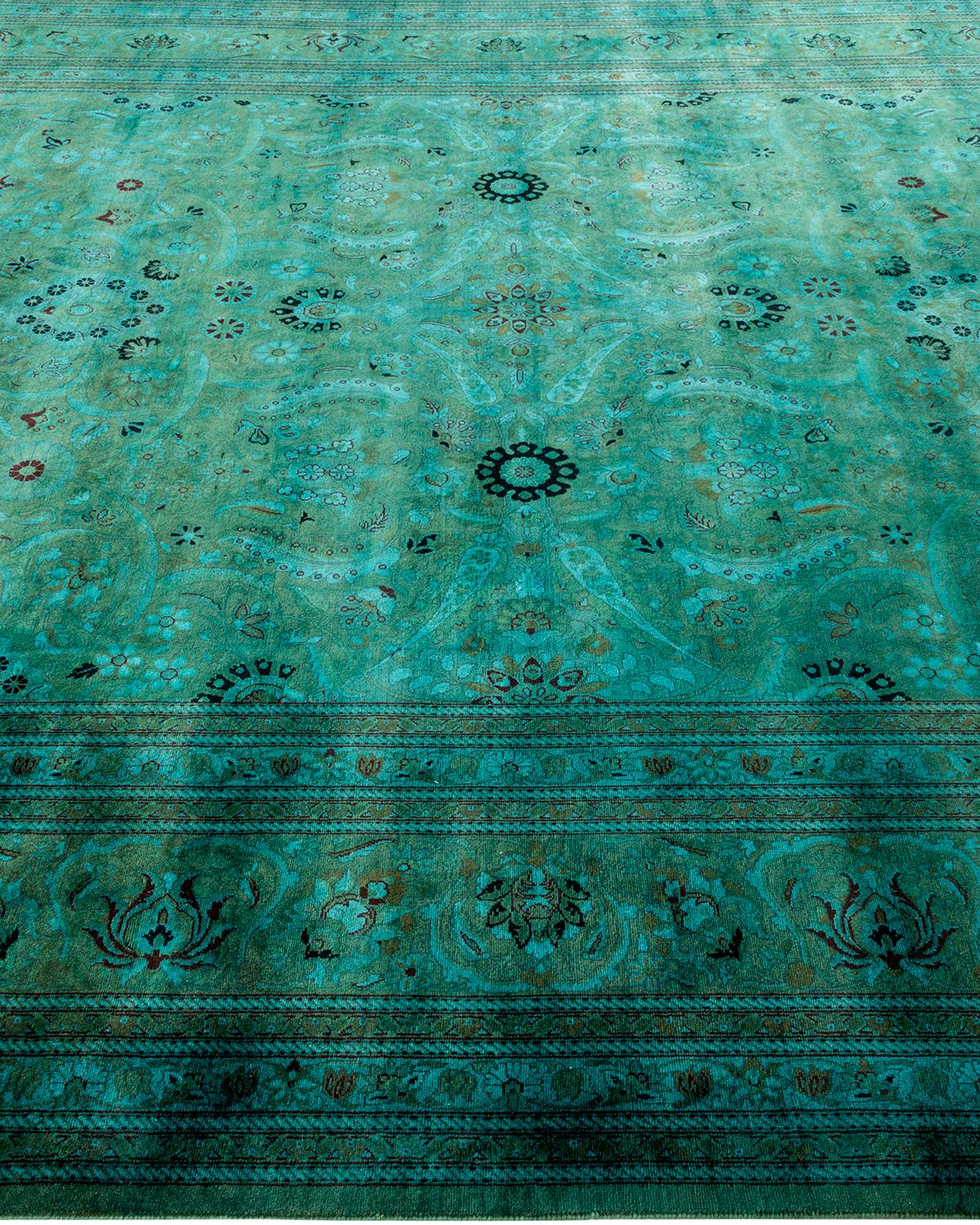 Pakistani Overdyed Hand Knotted Wool Green Area Rug For Sale