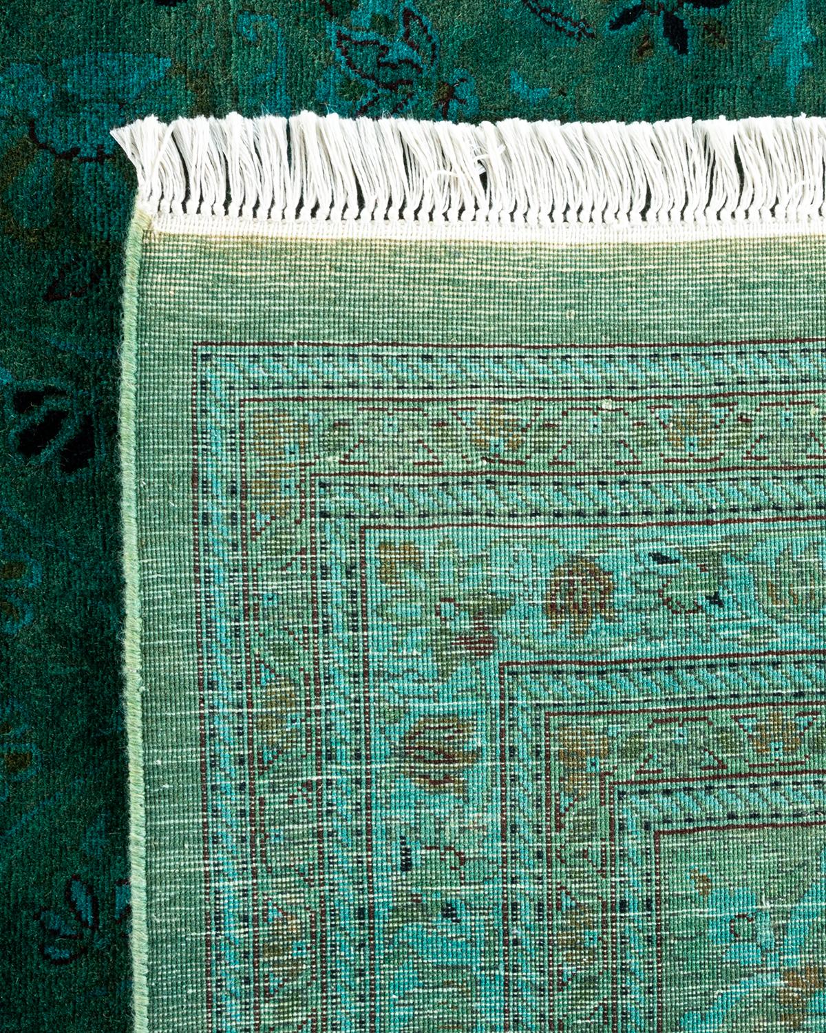 Contemporary Overdyed Hand Knotted Wool Green Area Rug For Sale