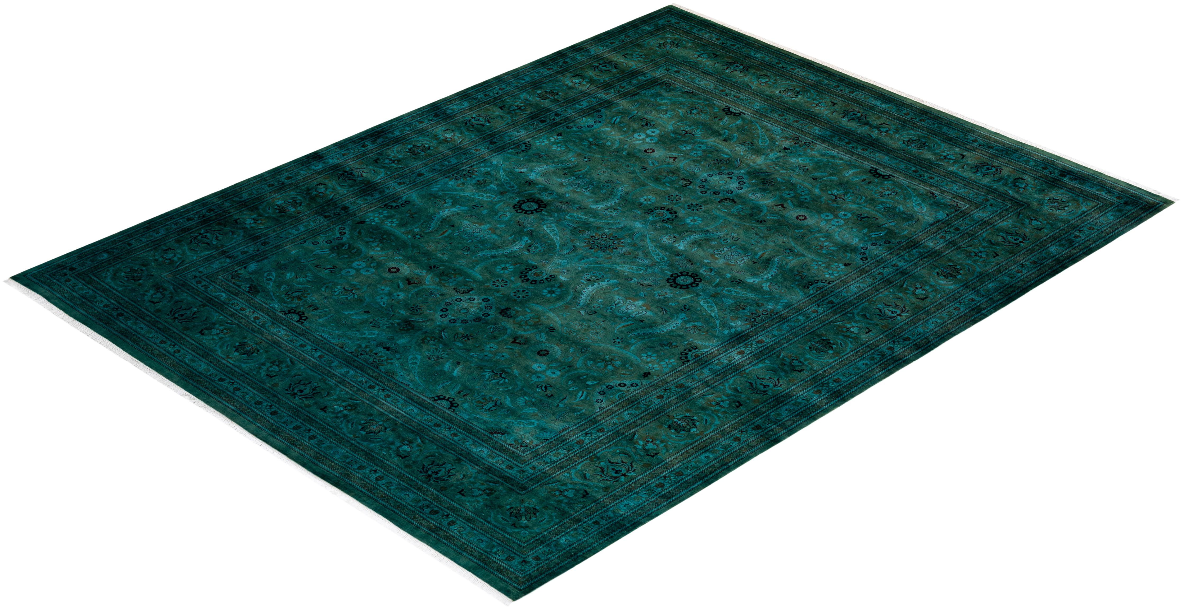 Overdyed Hand Knotted Wool Green Area Rug For Sale 2