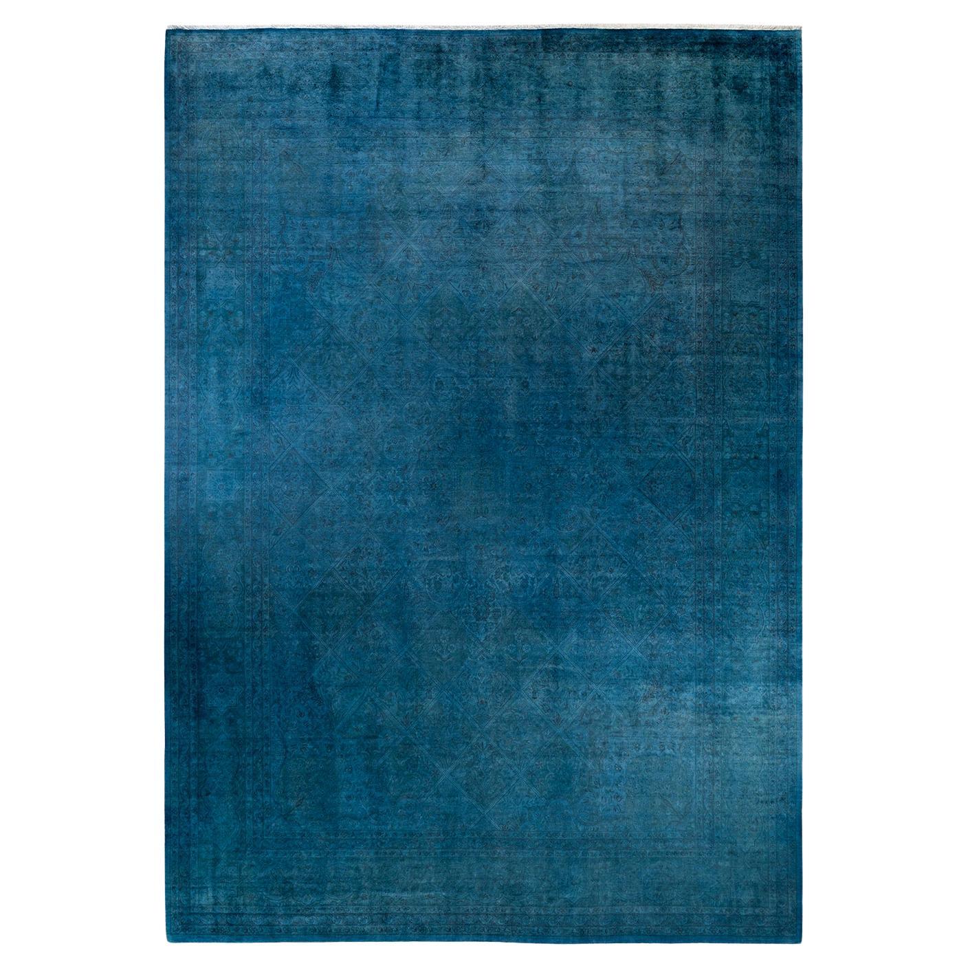 Overdyed Hand Knotted Wool Light Blue Area Rug For Sale