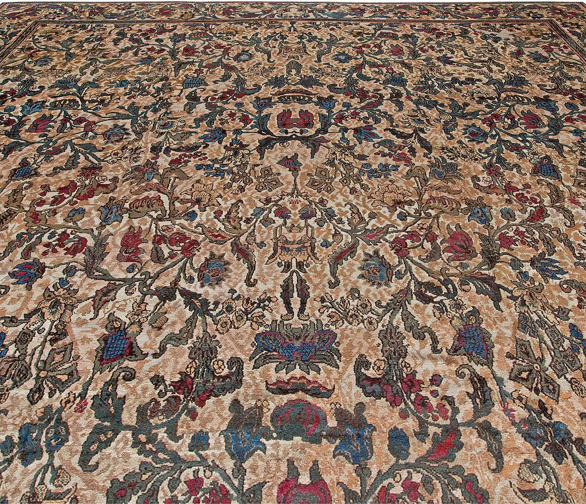 Hand-Woven Oversized Antique Indian Botanic Handmade Wool Rug For Sale
