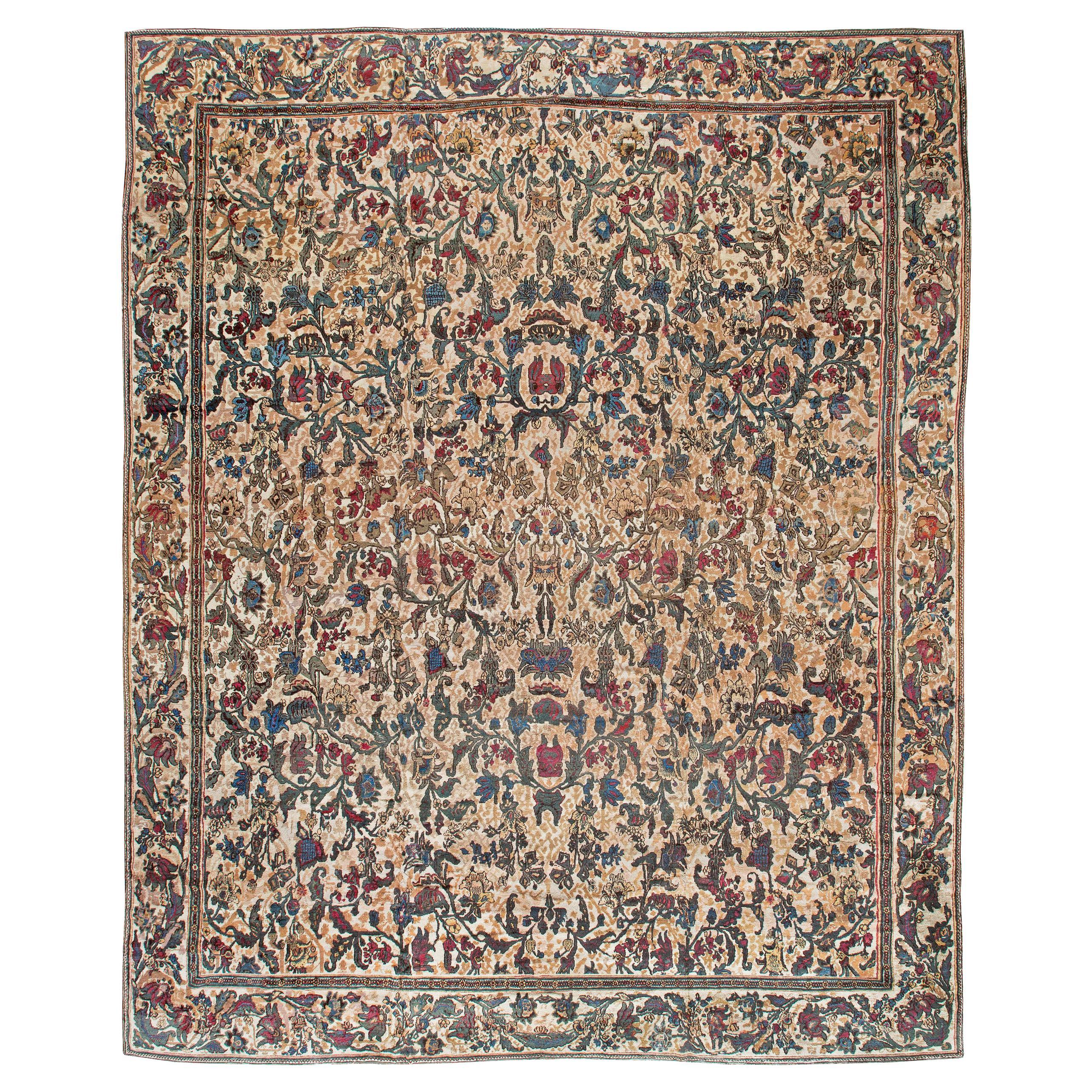 Oversized Antique Indian Botanic Handmade Wool Rug