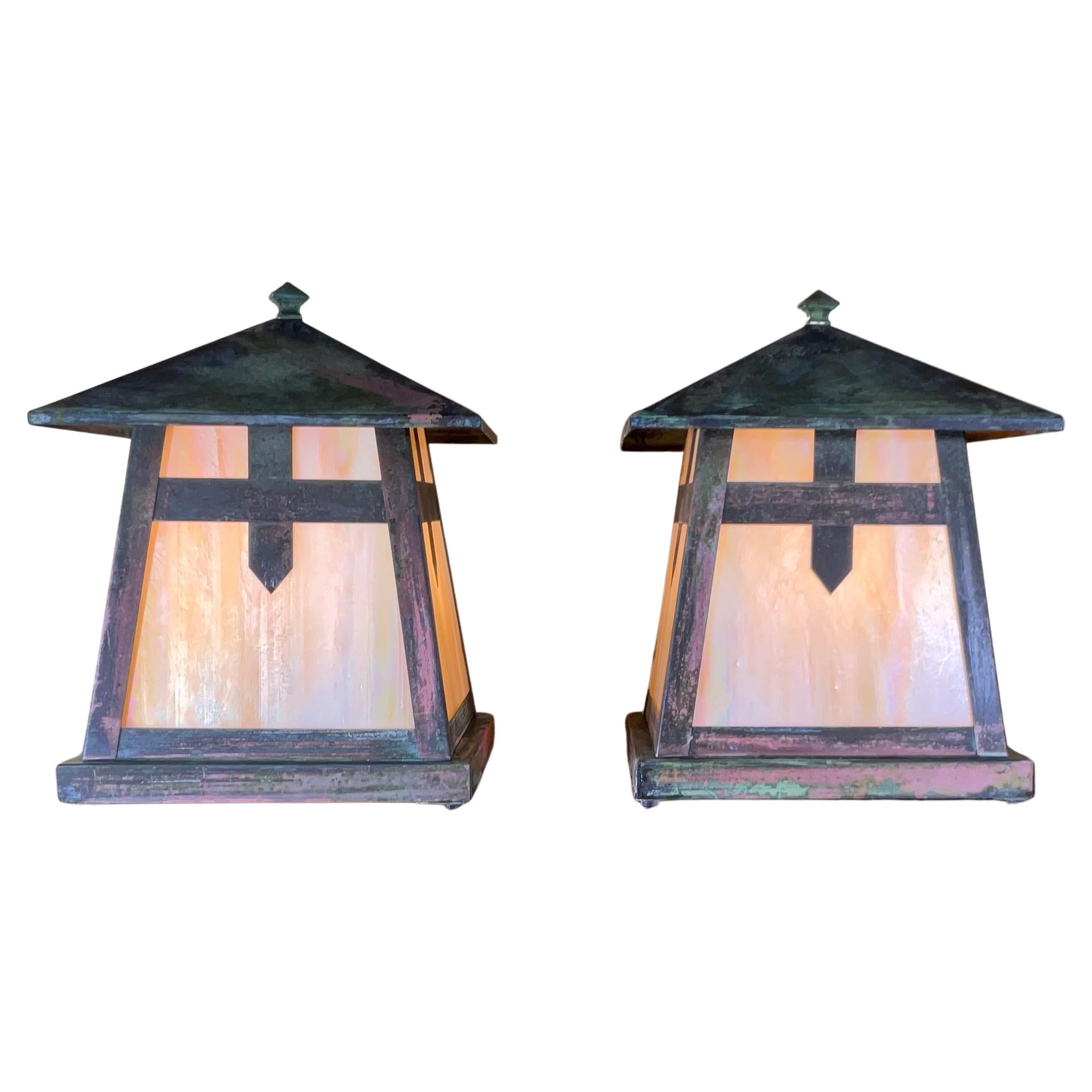 One of a Kind Pair of Art and Craft Copper Table Lamp For Sale