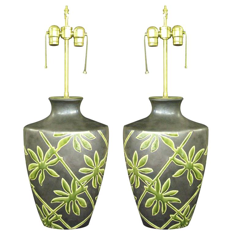 One of a kind pair of Botanical fire glazed table lamps.