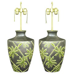 Vintage One of a kind pair of Botanical fire glazed table lamps.