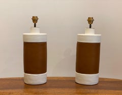 One of a Kind Pair of Ceramic and Leather Lamp Bases Signed by Dalo