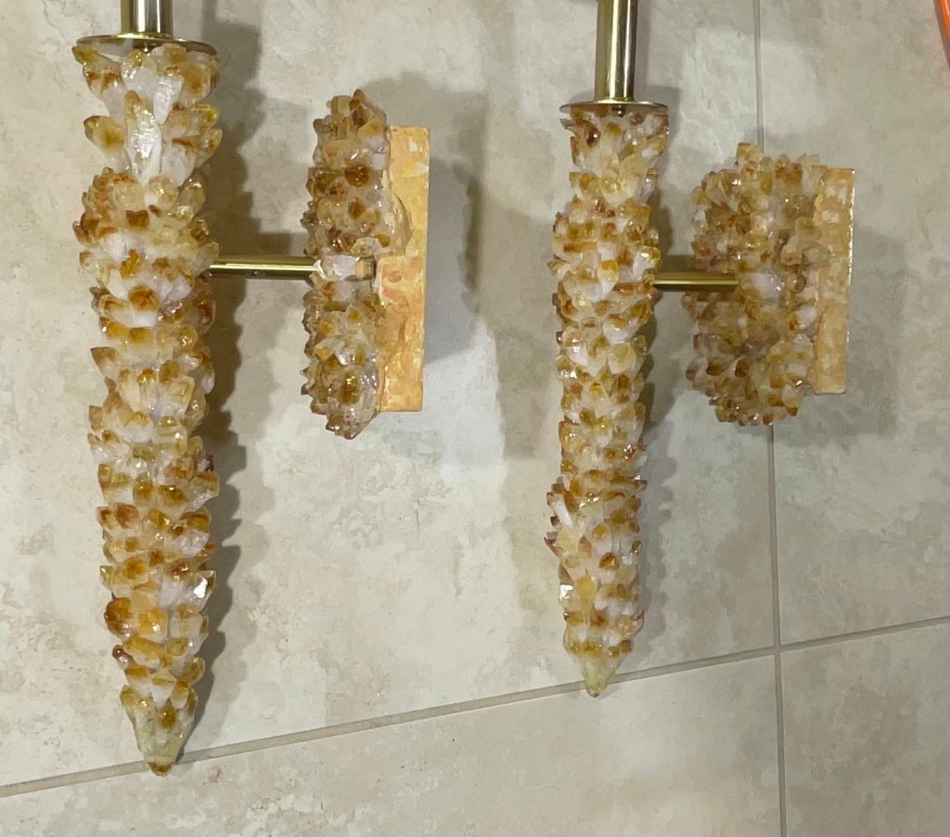 One Of A Kind Pair of Citrine Crystals Quartz Wall Sconces By Joseph Malekan  For Sale 3