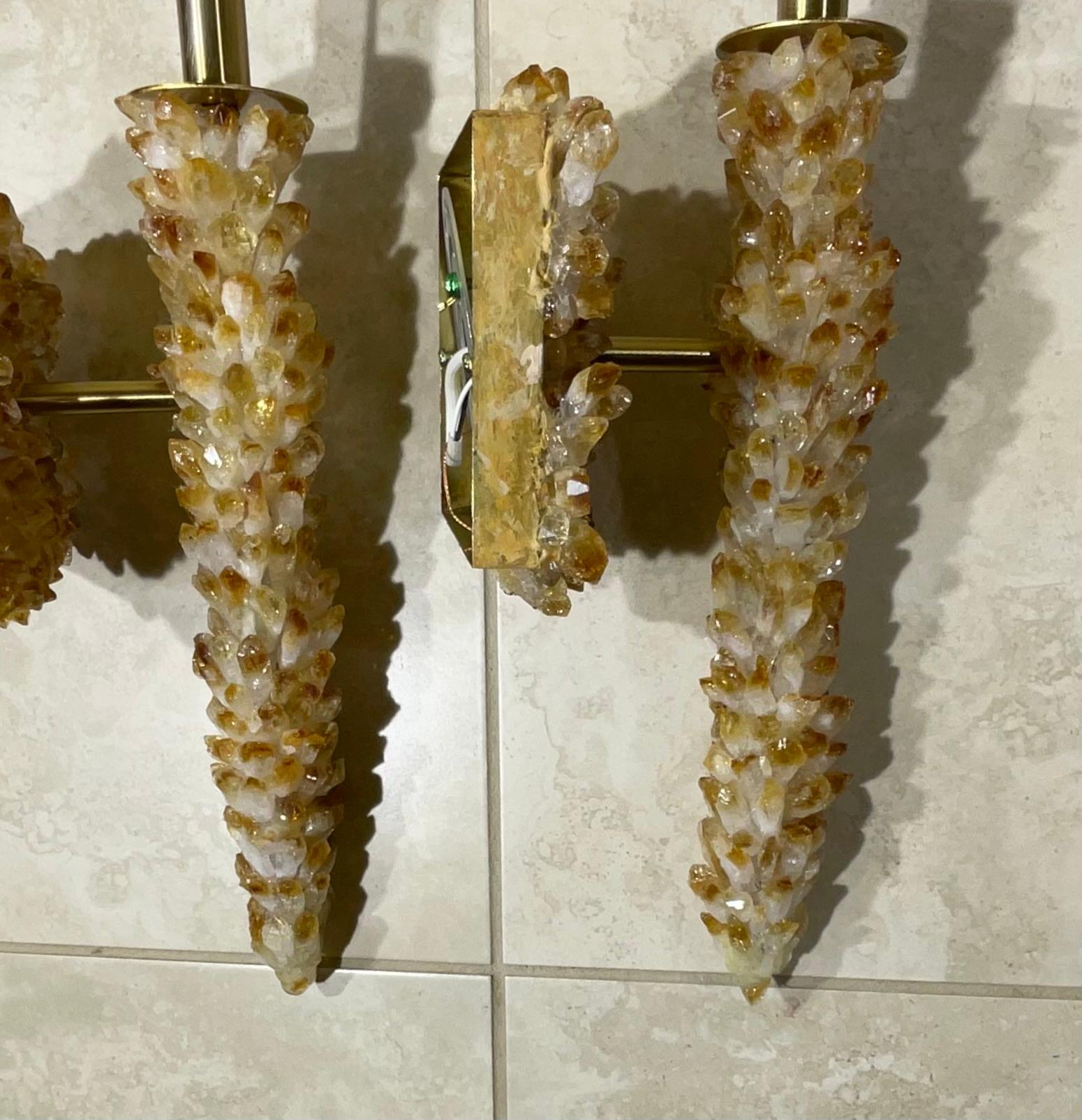 One Of A Kind Pair of Citrine Crystals Quartz Wall Sconces By Joseph Malekan  For Sale 4