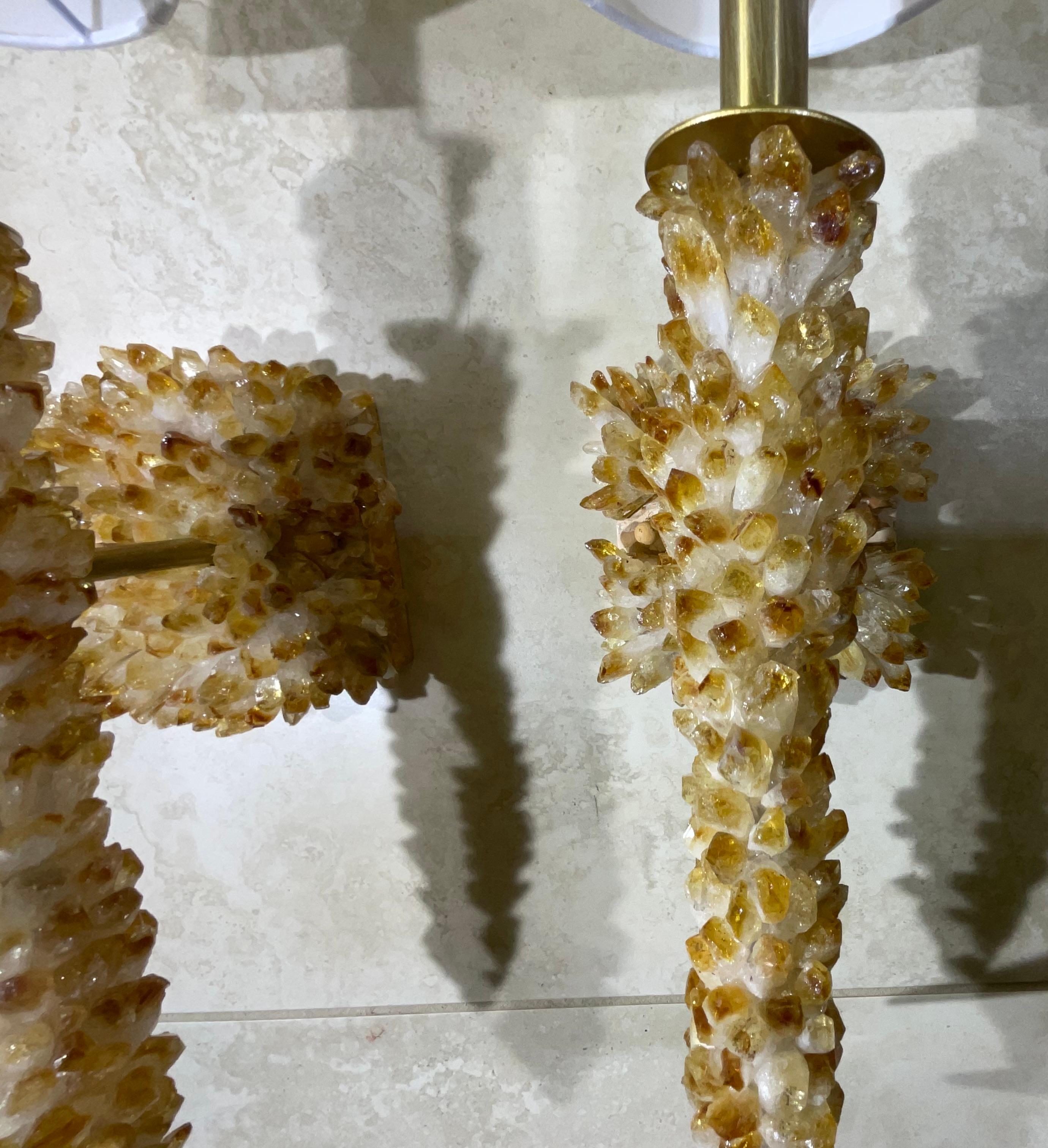 One Of A Kind Pair of Citrine Crystals Quartz Wall Sconces By Joseph Malekan  For Sale 5