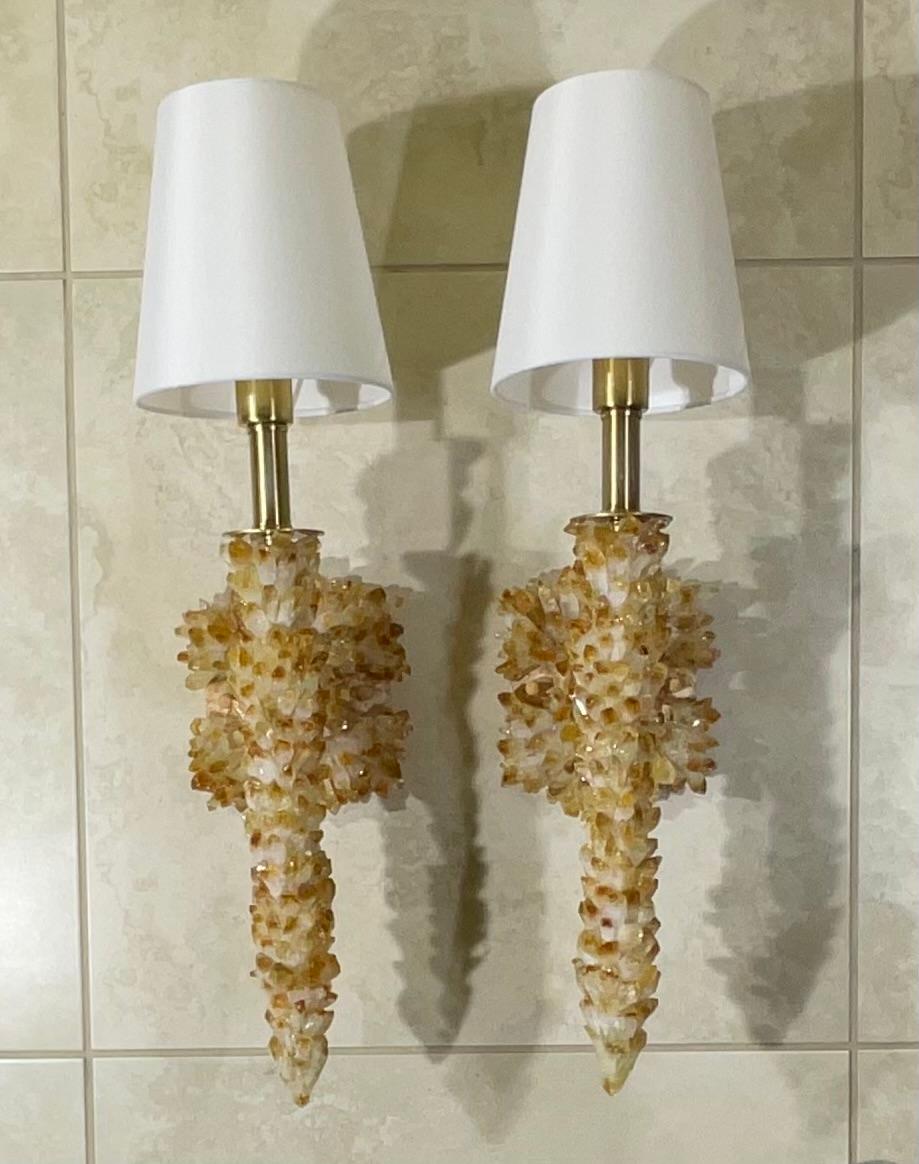 One Of A Kind Pair of Citrine Crystals Quartz Wall Sconces By Joseph Malekan  For Sale 7
