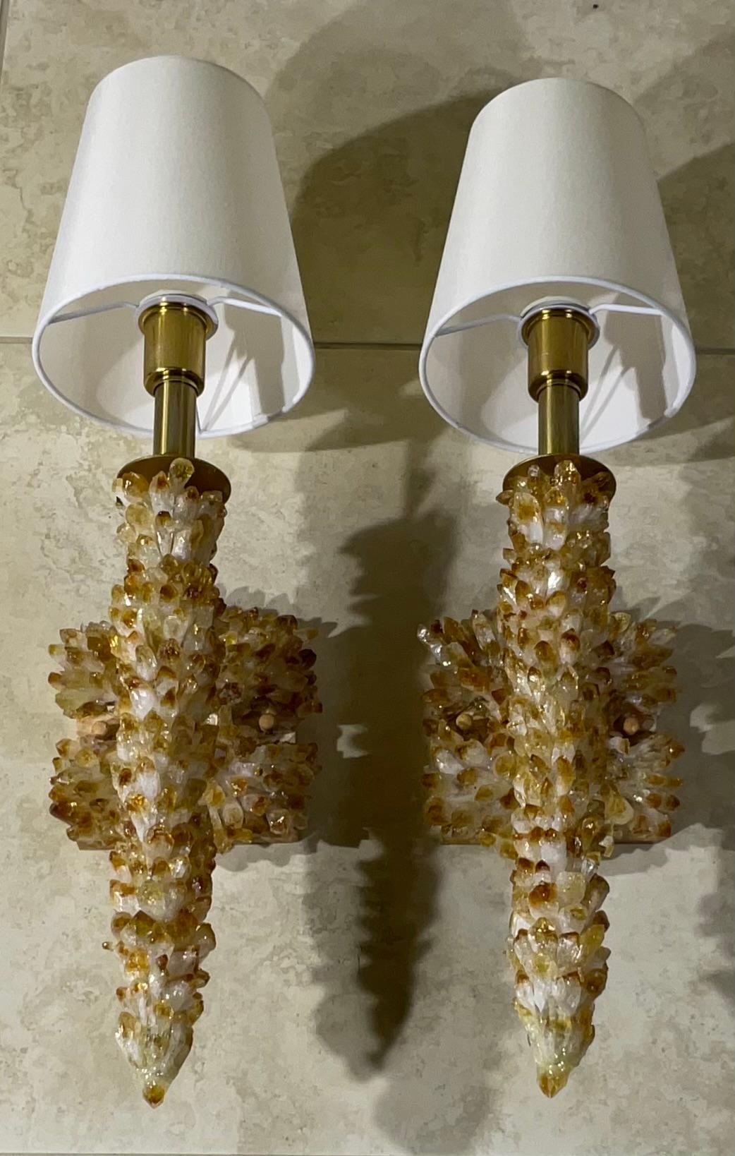 One Of A Kind Pair of Citrine Crystals Quartz Wall Sconces By Joseph Malekan  For Sale 8