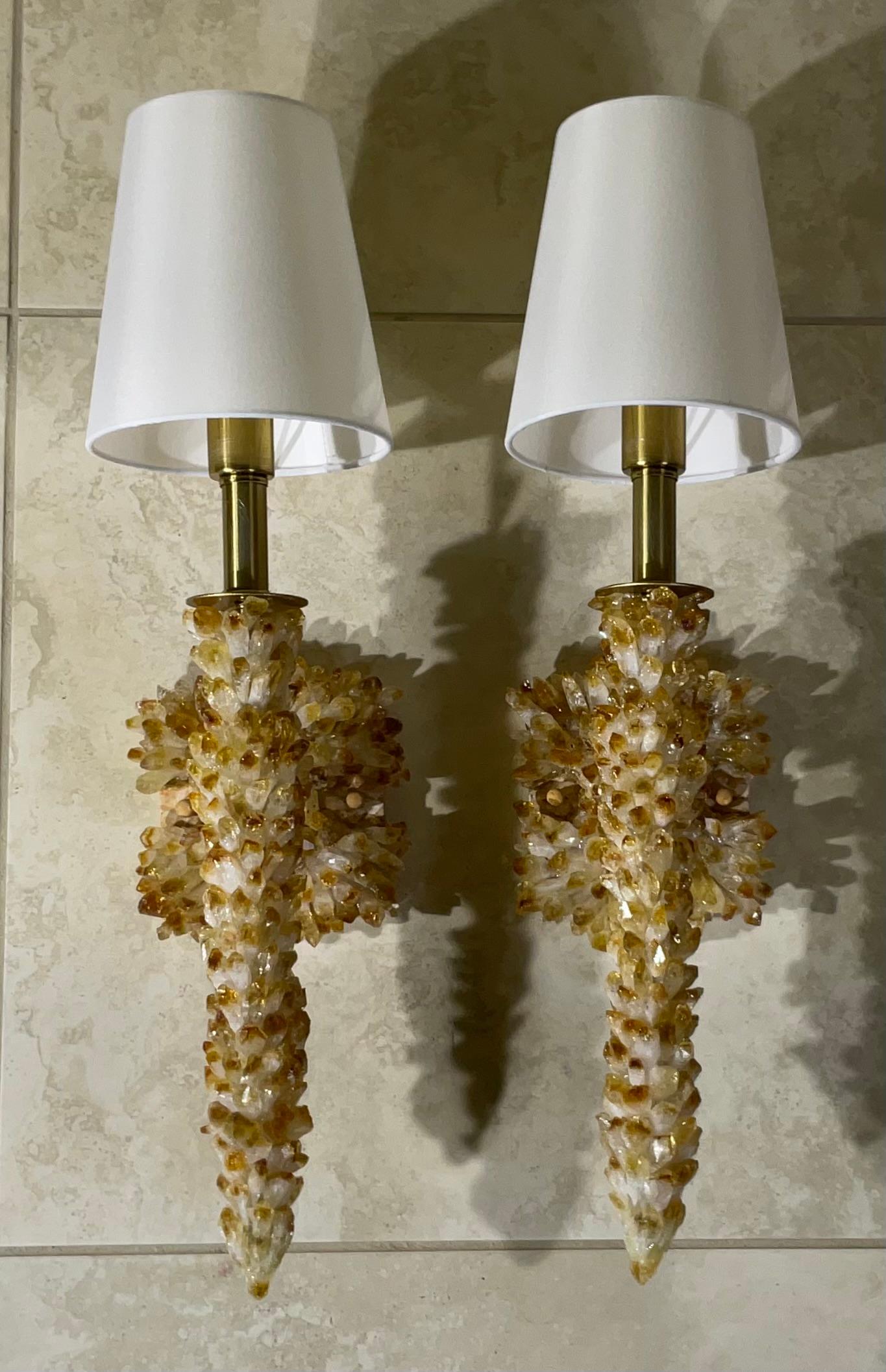 One Of A Kind Pair of Citrine Crystals Quartz Wall Sconces By Joseph Malekan  For Sale 9