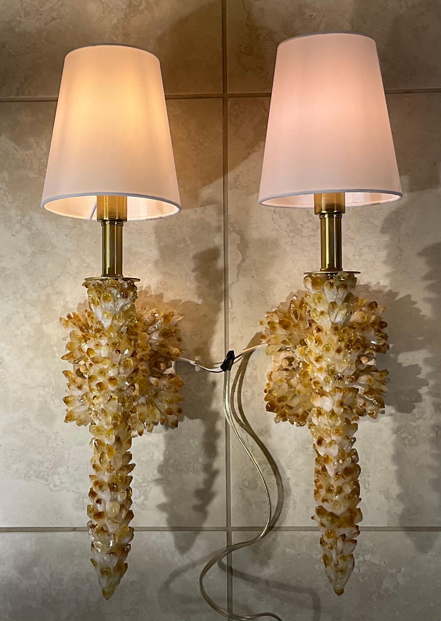 One Of A Kind Pair of Citrine Crystals Quartz Wall Sconces By Joseph Malekan  For Sale 10