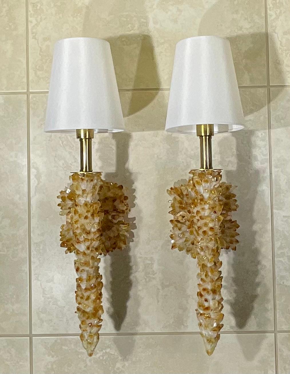 American One Of A Kind Pair of Citrine Crystals Quartz Wall Sconces By Joseph Malekan  For Sale