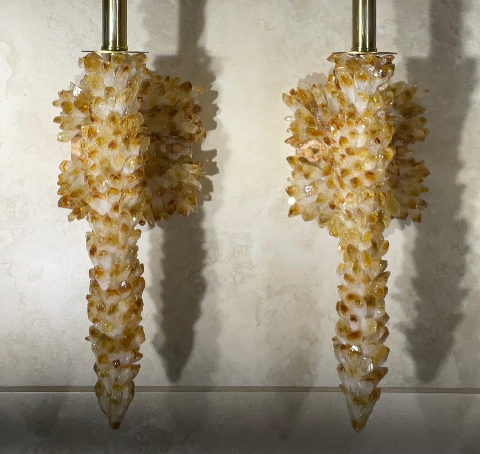 Hand-Crafted One Of A Kind Pair of Citrine Crystals Quartz Wall Sconces By Joseph Malekan  For Sale