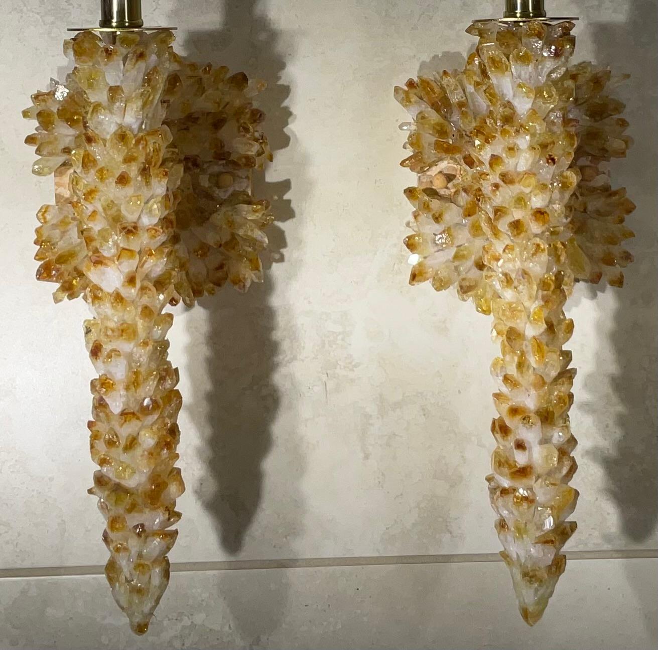One Of A Kind Pair of Citrine Crystals Quartz Wall Sconces By Joseph Malekan  In Good Condition For Sale In Delray Beach, FL