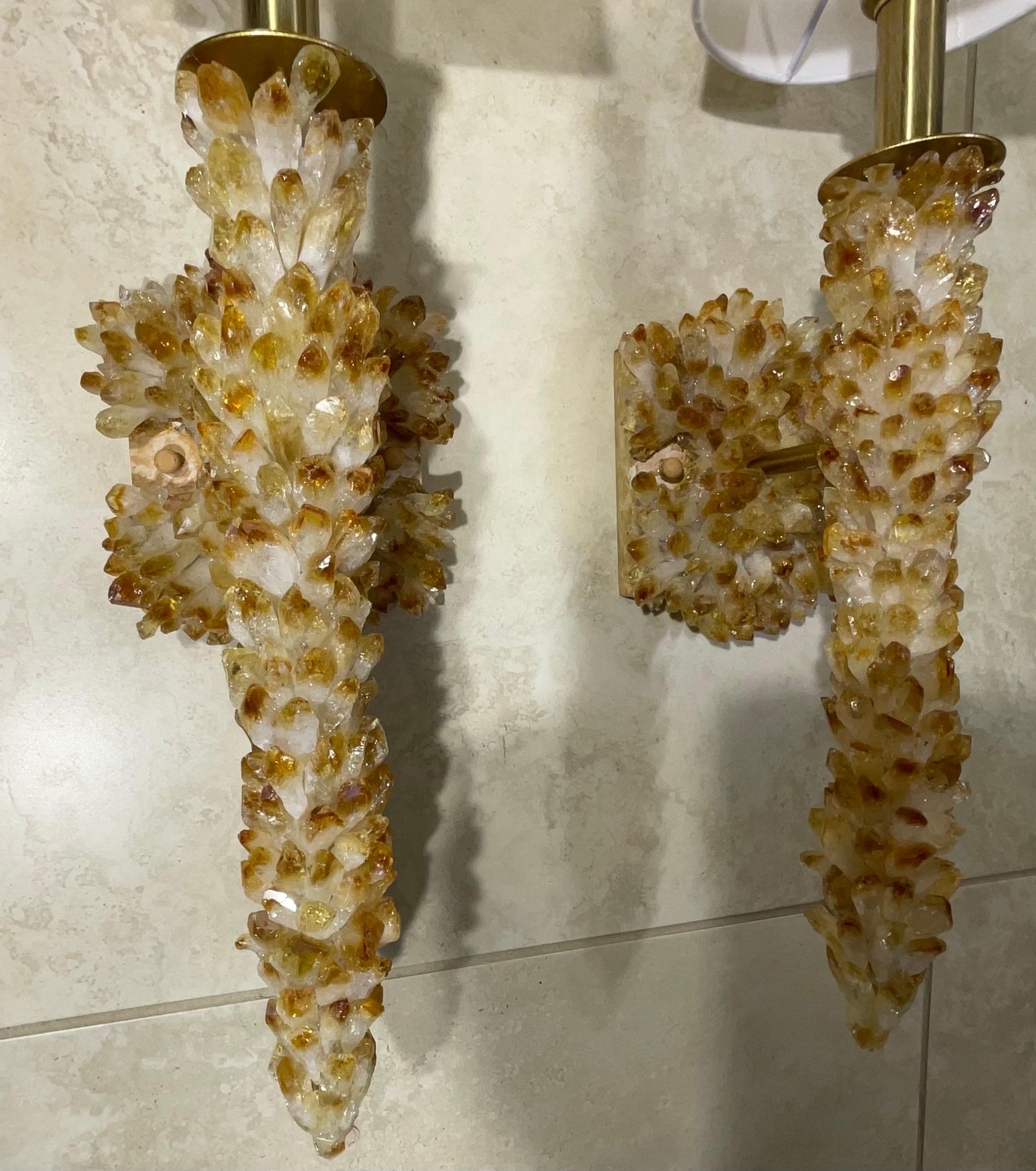 Contemporary One Of A Kind Pair of Citrine Crystals Quartz Wall Sconces By Joseph Malekan  For Sale