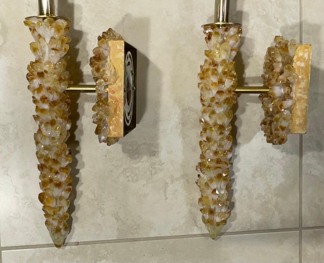 One Of A Kind Pair of Citrine Crystals Quartz Wall Sconces By Joseph Malekan  For Sale 1