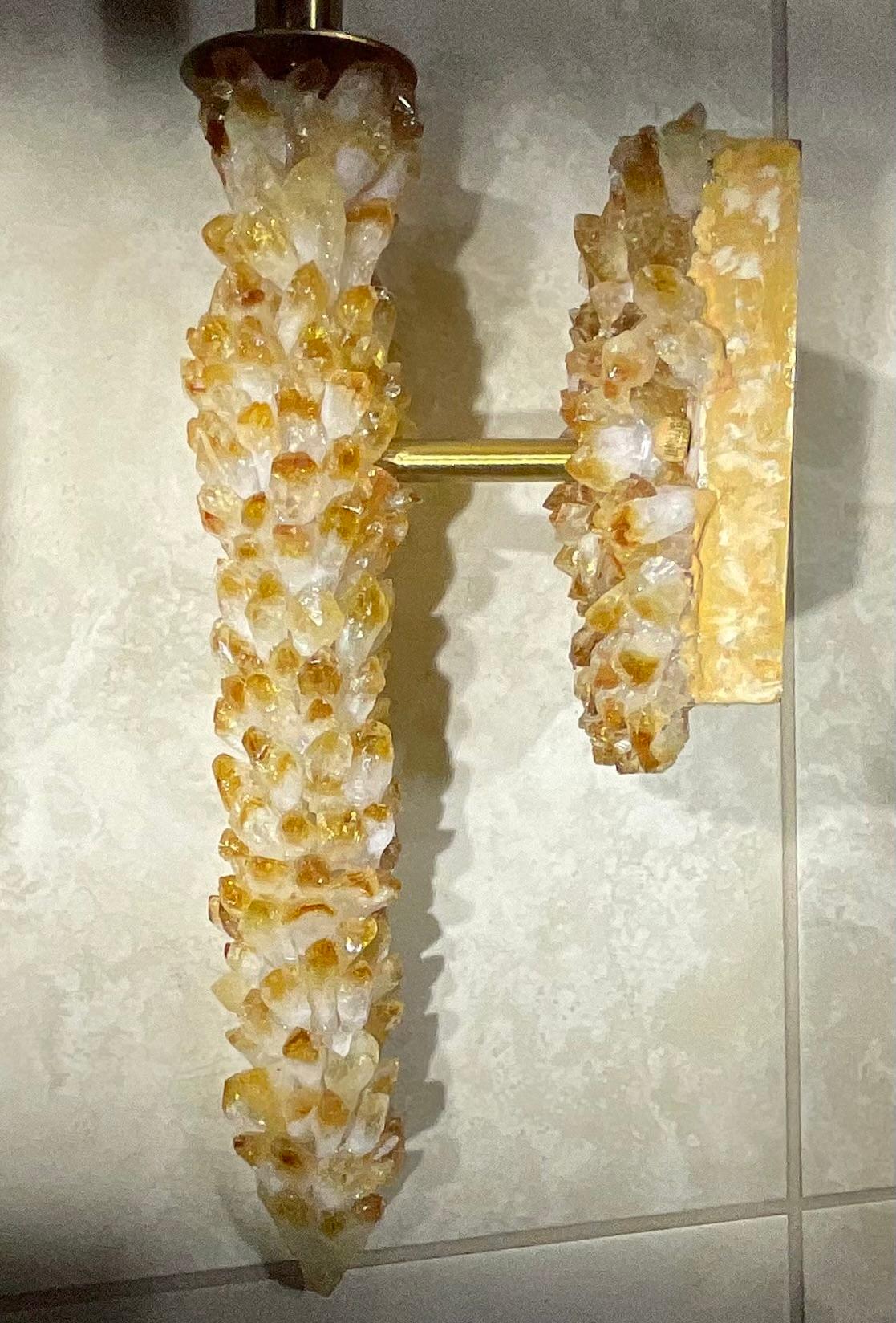 One Of A Kind Pair of Citrine Crystals Quartz Wall Sconces By Joseph Malekan  For Sale 2