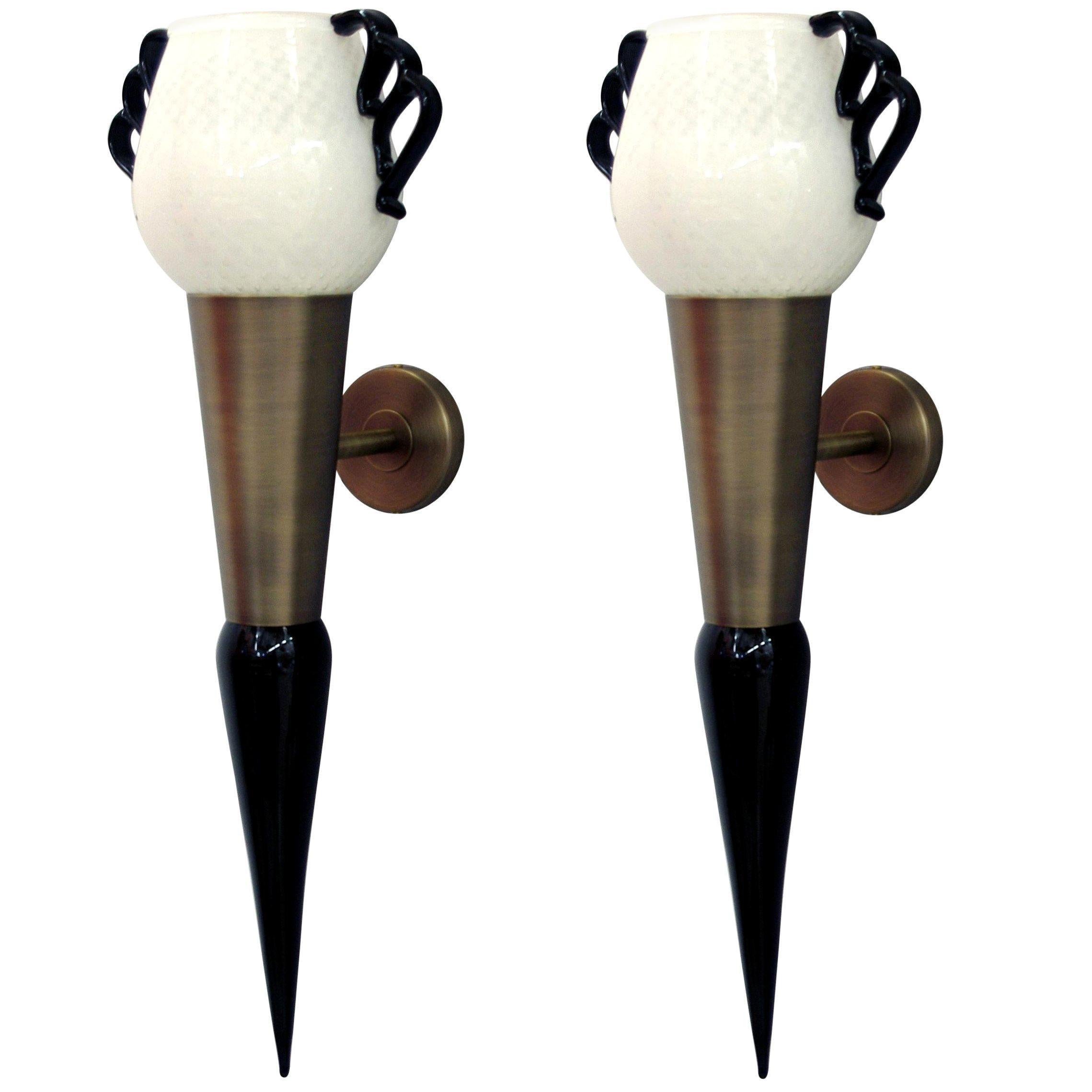 One of a Kind Pair of Italian Sconces w/ Milky White Murano Glass, 1990s For Sale