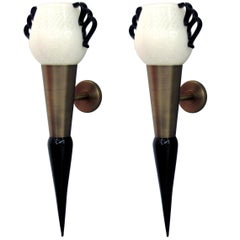 One of a Kind Pair of Italian Sconces w/ Milky White Murano Glass, 1990s
