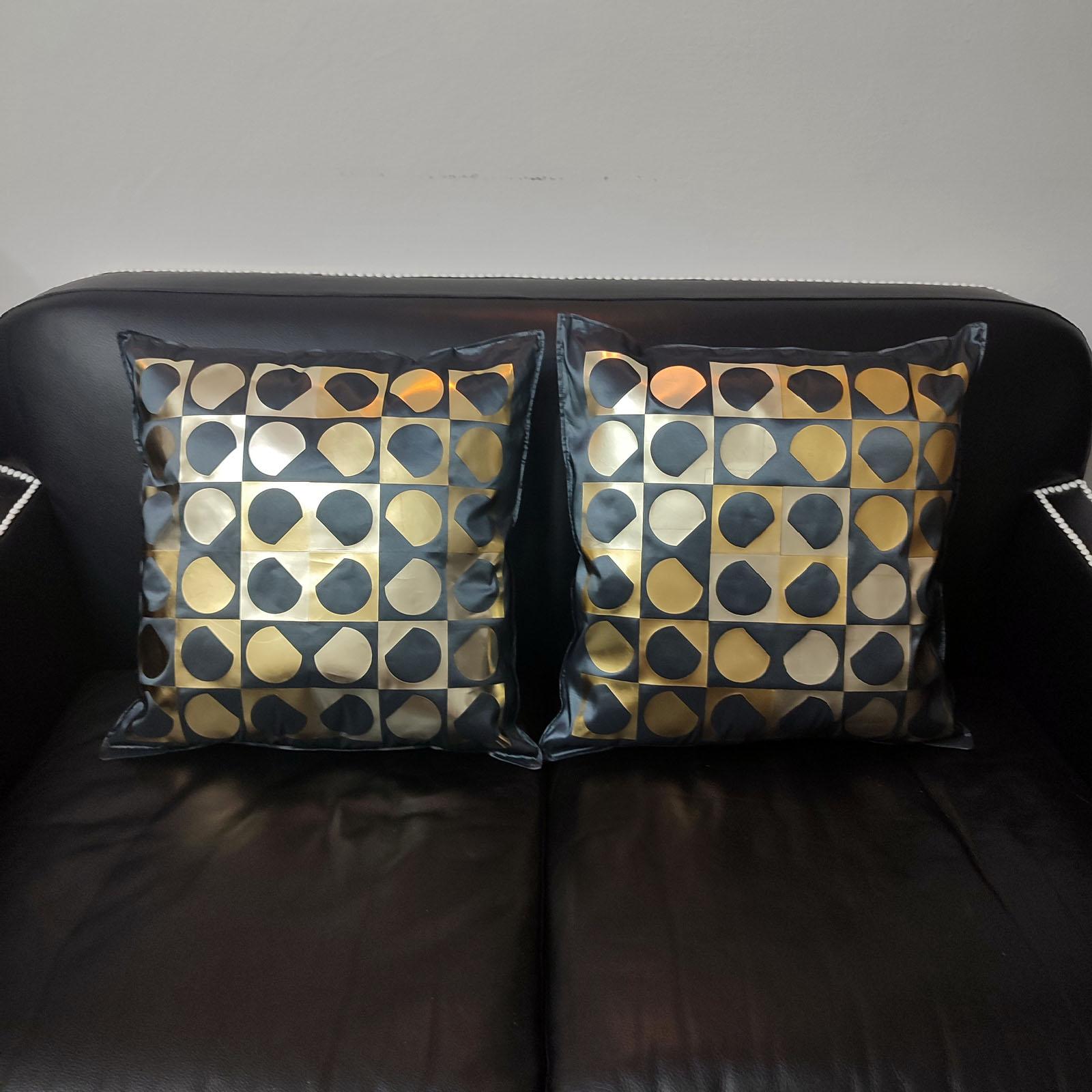 One of a kind pair of decorative pillows, handmade + computer assisted geometric design after Vasarely. Made of silk taffeta, imprinted with two shades of gold, this is number V of the 