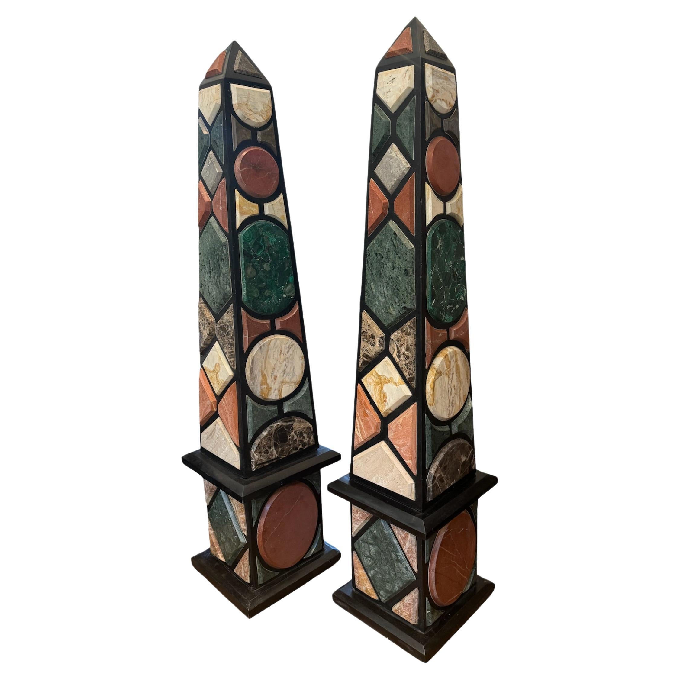 One-of-a-kind Pair of Tall Specimen Marble Inlaid Obelisks