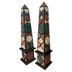 Vintage One-of-a-kind Pair of Tall Specimen Marble Inlaid Obelisks