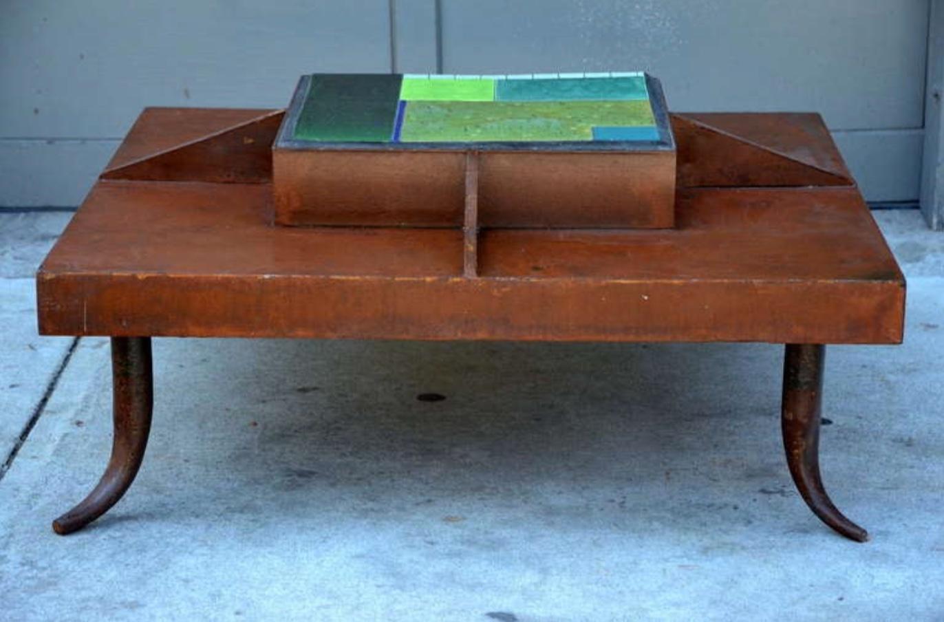 American One-of-a-Kind Patinated Steel and Tile Studio Art Coffee Table For Sale