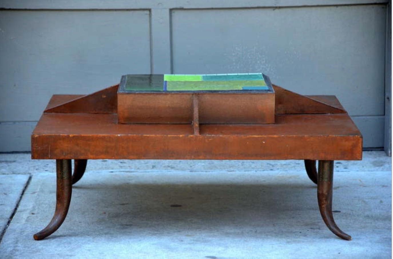 20th Century One-of-a-Kind Patinated Steel and Tile Studio Art Coffee Table For Sale