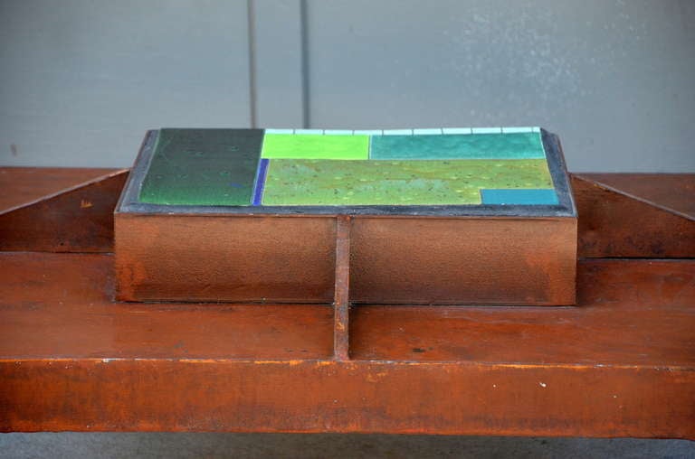 American One-of-a-Kind Patinated Steel and Tile Studio Art Coffee Table For Sale