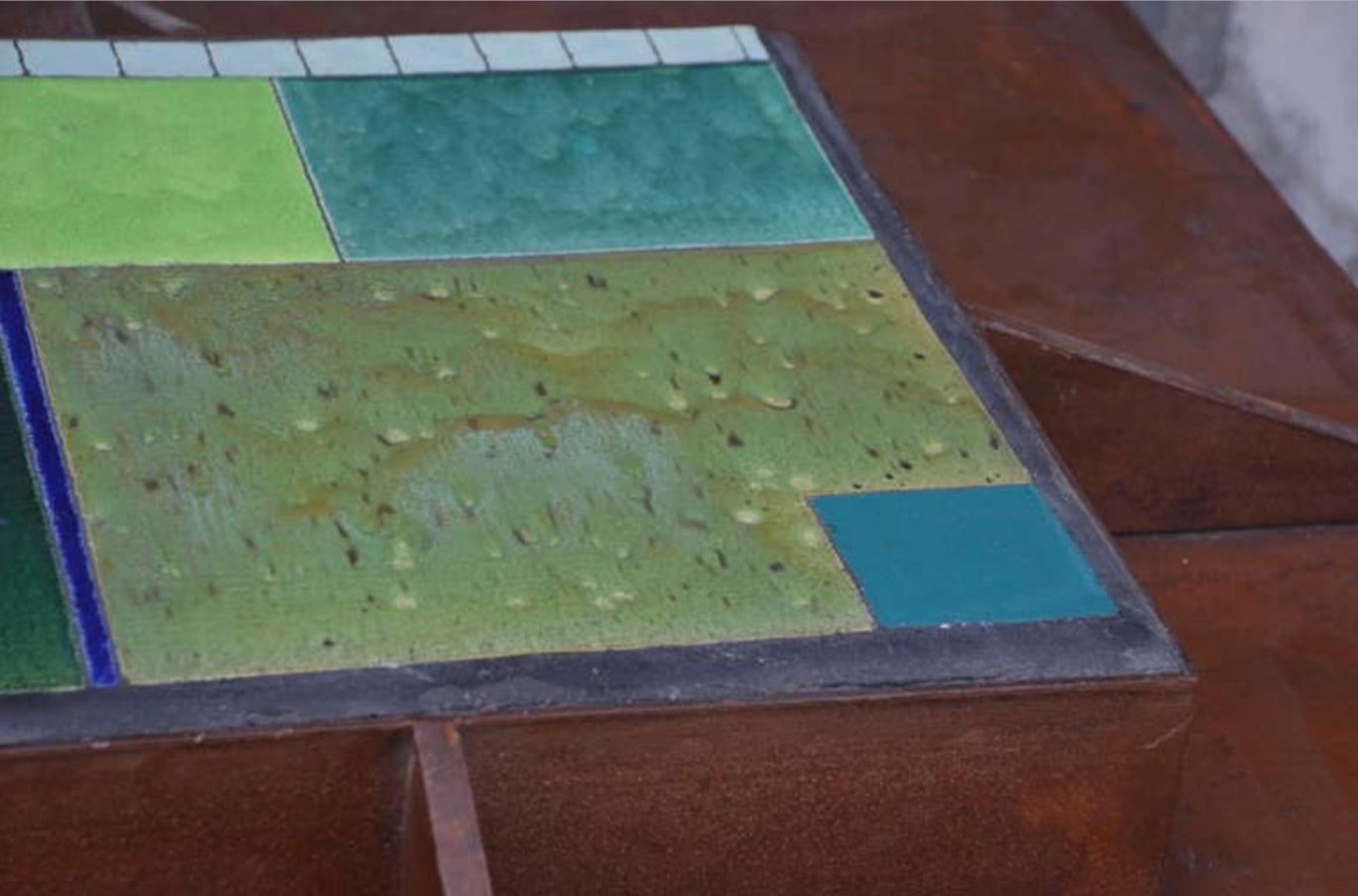 One-of-a-Kind Patinated Steel and Tile Studio Art Coffee Table For Sale 3