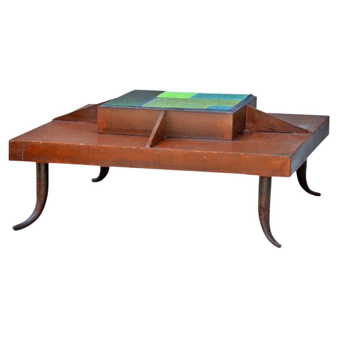 One-of-a-Kind Patinated Steel and Tile Studio Art Coffee Table For Sale