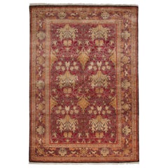 One of a Kind Patterned and Floral Wool Hand Knotted Area Rug, Cherry