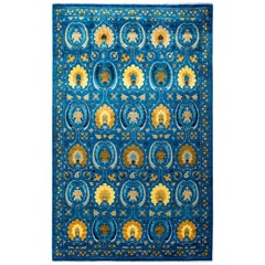 One of a Kind Patterned and Floral Wool Hand Knotted Area Rug, Cobalt