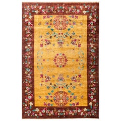 One of a Kind Patterned and Floral Wool Hand Knotted Area Rug, Multi