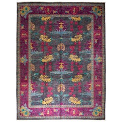 One of a Kind Patterned and Floral Wool Hand Knotted Area Rug, Plum