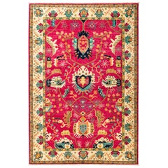 One of a Kind Patterned and Floral Wool Hand Knotted Area Rug, Scarlet