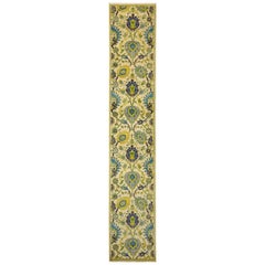 One of a Kind Patterned and Floral Wool Hand Knotted Runner, Canary