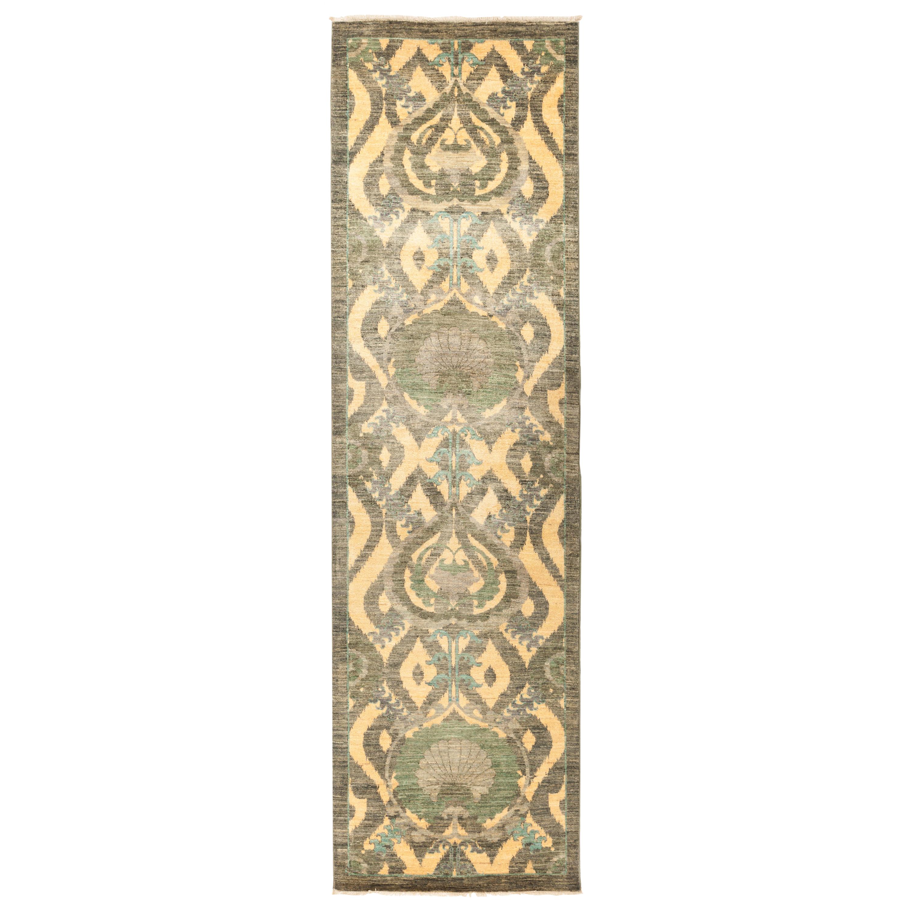 One-of-a-Kind Patterned and Floral Wool Hand Knotted Runner, Canary