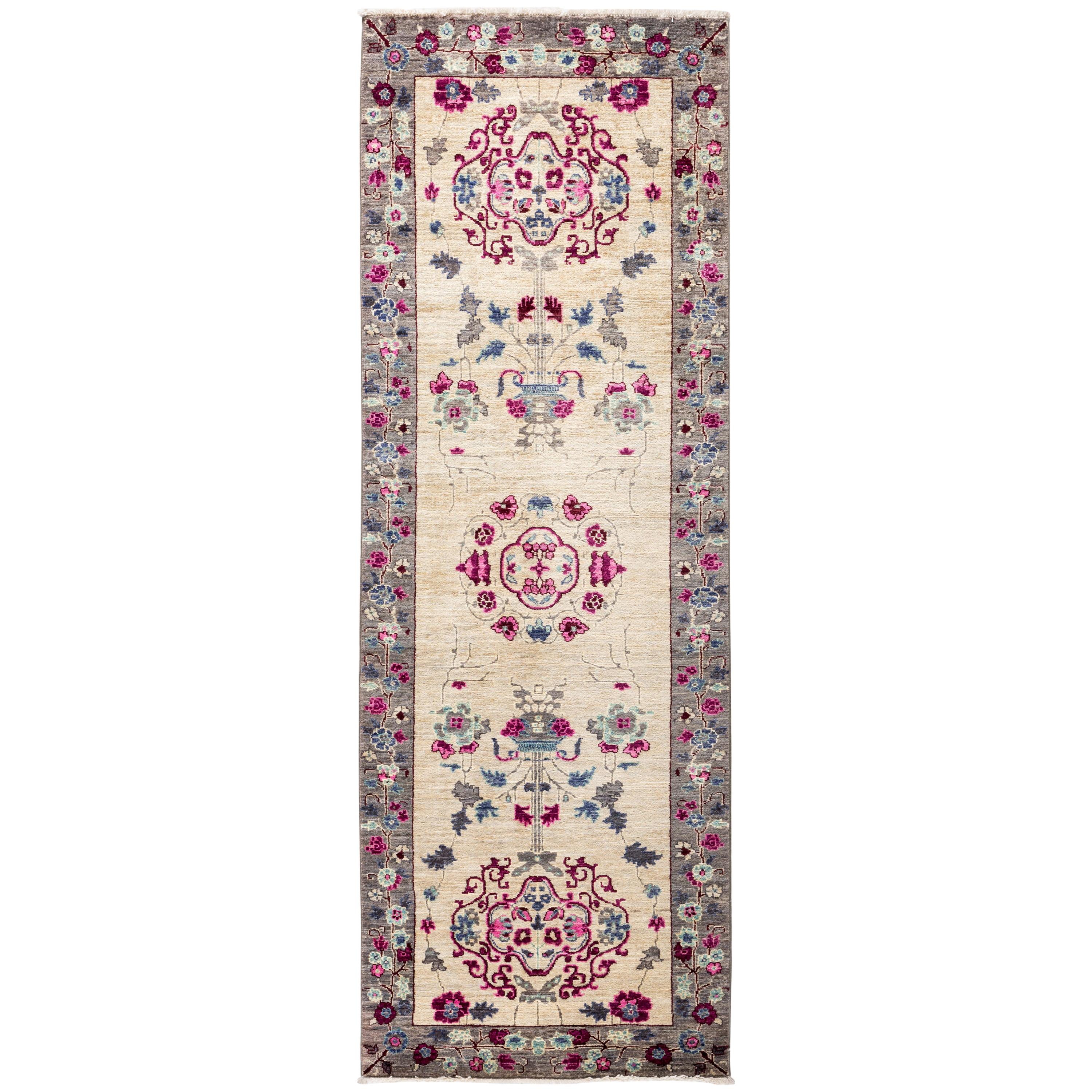 One-of-a-Kind Patterned and Floral Wool Hand Knotted Runner, Ivory