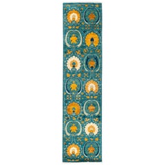 One-of-a-Kind Patterned and Floral Wool Hand Knotted Runner, Ocean