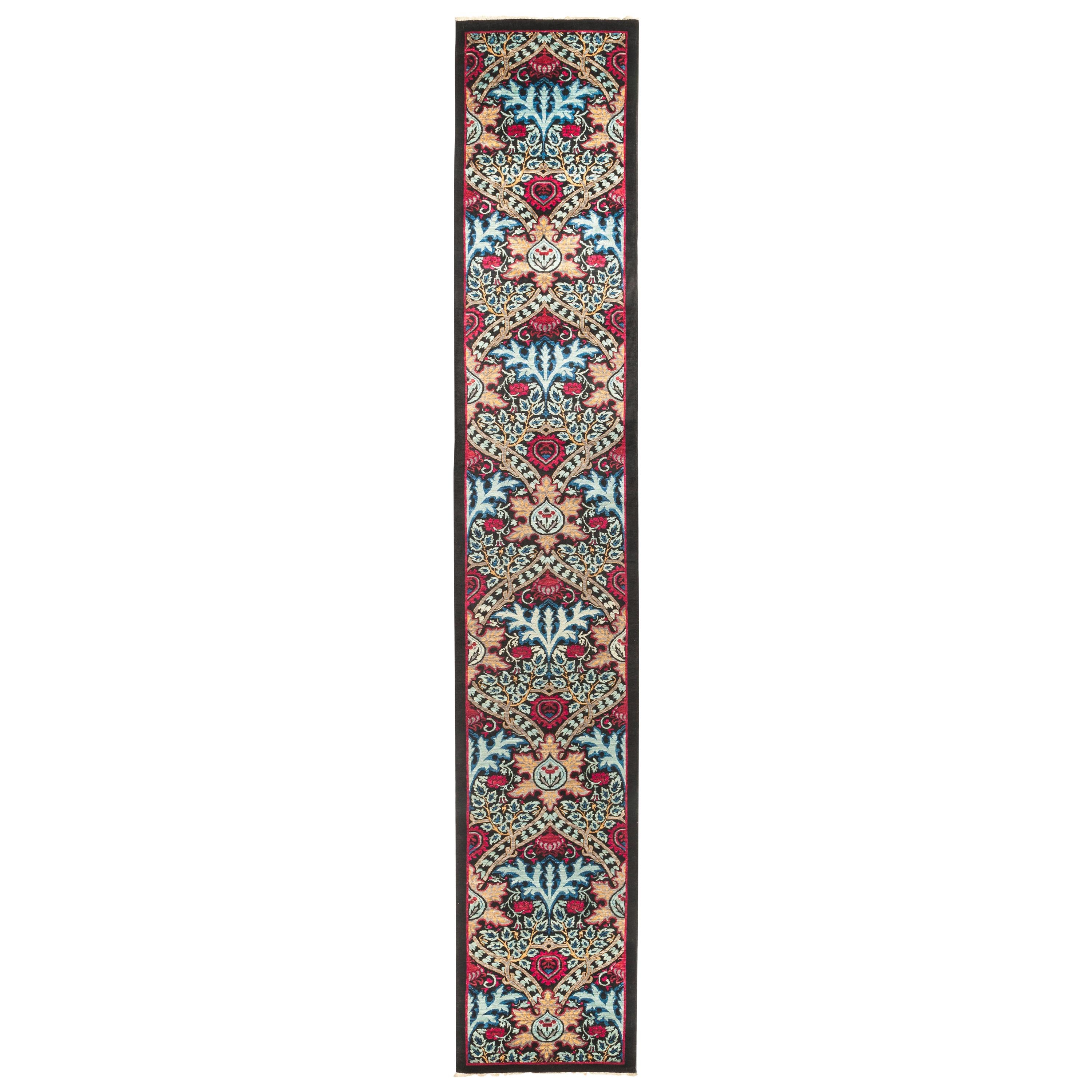One-of-a-Kind Patterned and Floral Wool Hand Knotted Runner, Onyx