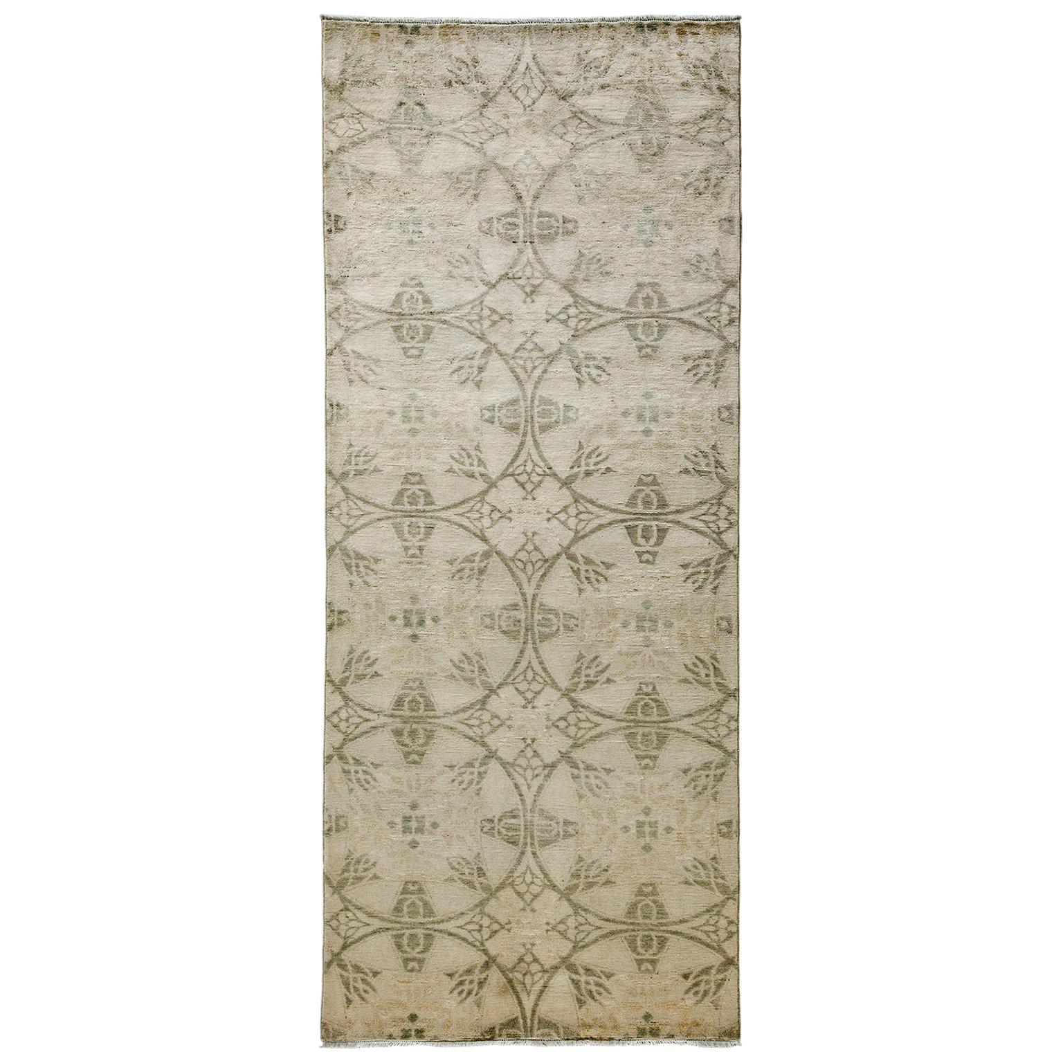 One-of-a-Kind Patterned and Floral Wool Hand Knotted Runner Rug, Bone