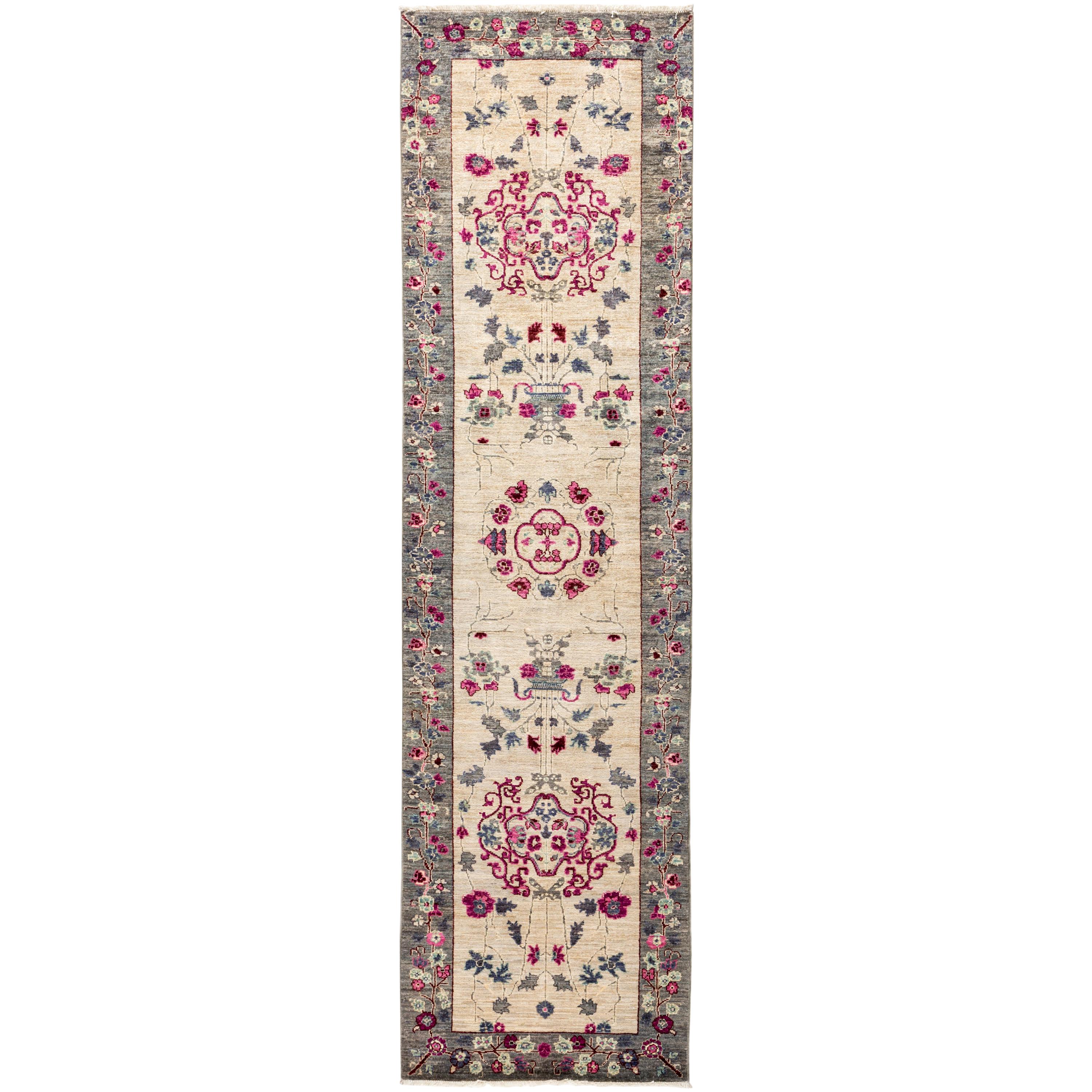 One of a Kind Patterned and Floral Wool Hand Knotted Runner Rug, Ivory